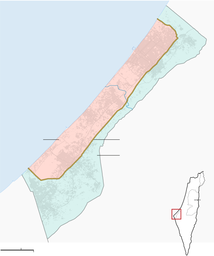A Gázai övezet felosztásának terve: jelenleg szinte a teljes lakosság a vörös zónában zsúfolódott össze