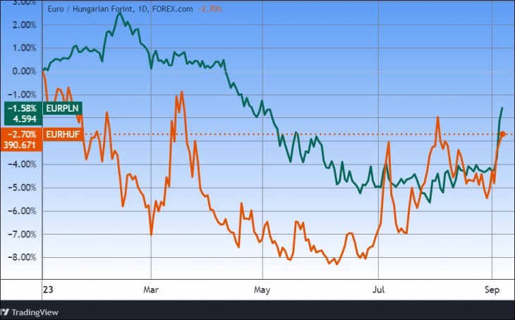 Az euró/zloty és az euró/forint az idén. Forrás: Tradingview.com. További árfolyamok, grafikonok: Privátbankár Árfolyamkereső.