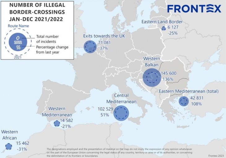 Illegális határátlépések alakulása 2022-ben. Forrás: Frontex