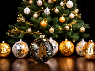 Bitcoin-díszek és karácsonyfa. Fotó: Tengr.ai