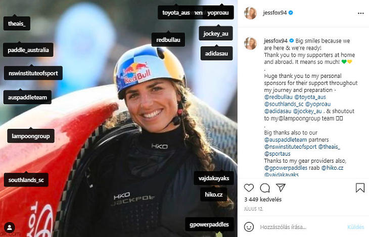 Egy jellegzetes Instagram-bejegyzés július 12-ről, a blackout előtti napról: Jessica Fox, az ausztrálok olimpiai ezüst- és bronzérmes, sokszoros világbajnok szlalomkenusa megköszöni összes egyéni szponzorának a támogatást (Forrás: Jessica Fox/Instagram/jessfox94)