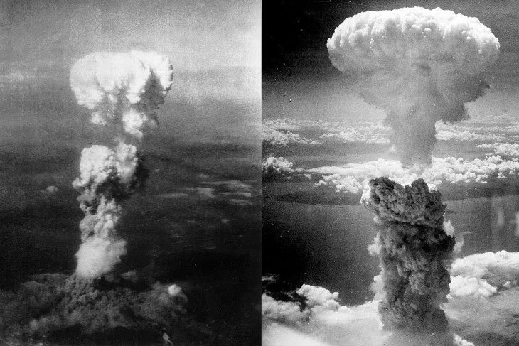 Balra a Hirosimára, jobbra a Nagaszakira ledobott atombomba után támadt gombafelhő 1945. augusztus 6-án, illetve 9-én    