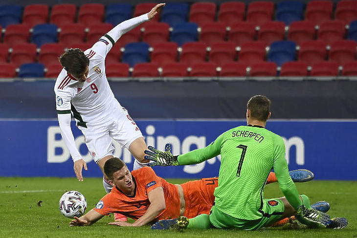 Magyar helyzet a Hollandia elleni meccsen, az U21-es labdarúgó Európa-bajnokságon (Fotó:  MTI/Kovács Tamás)