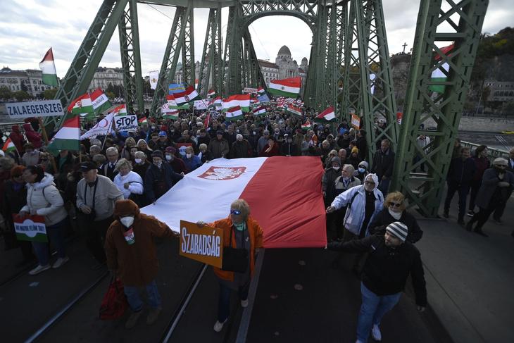 A 2021. október 23-i békemenetének résztvevői a Szabadság hídon, egy méretes lengyel zászlóval - ez is otthon marad március 15-én. Fotó: MTI/Balogh Zoltán