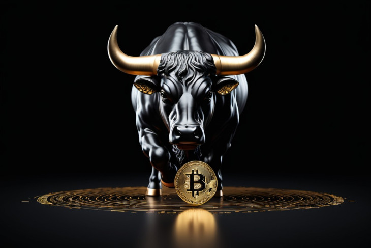 Bitcoin és bika. A bika a tartós áremelkedés jelképe. Illusztráció.