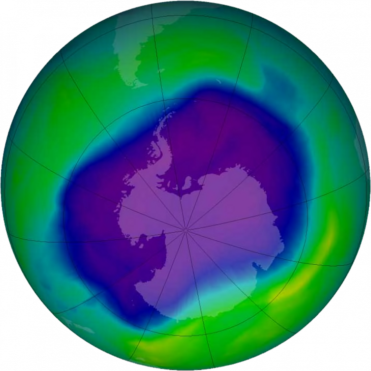 Az antarktiszi ózonlyuk 2006 szeptemberében. Területe megközelítőleg 29,5 millió km². A legkisebb napi átlagos ózonértéket, 73 Dobson-egységet 1994-ben mérték. Forrás: NASA/Wikipédia