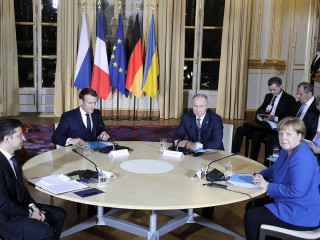 Merkel, Macron, Zelenszkij, Putyin, 2019. december  