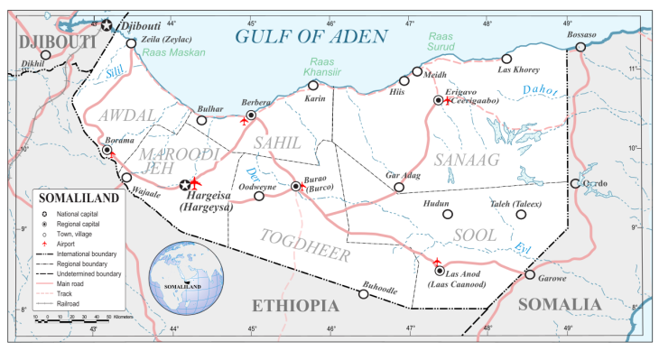 Szomáliföld az Ádeni-öböl déli partján, Afrika szarván fekszik
