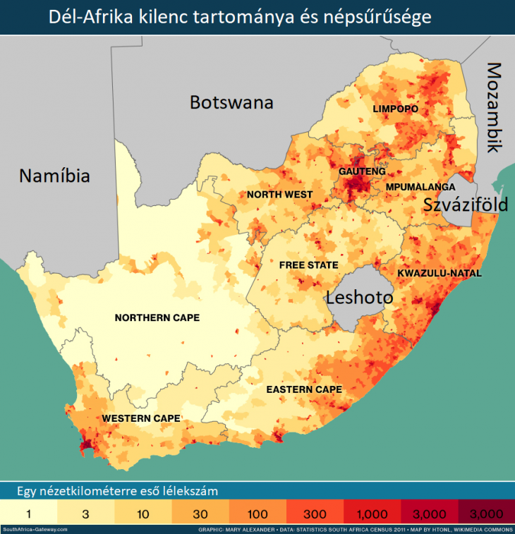 Az ország lakossága egyenetlenül oszlik el. Forrás: South Africa Gateway