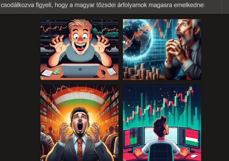 Mesterséges intelligencia által kreált képek arra a keresésre, hogy “Egy ember csodálkozva figyeli a képernyőn, ahogy a magyar tőzsdei árfolyamok magasra emelkednek”. Forrás: Bing.com
