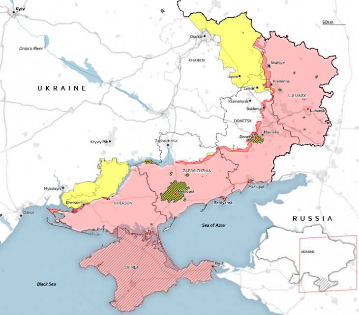 Frontvonalak Dél- és Kelet-Ukrajnában 2023. február végén. Pirossal az Oroszország által elfoglalt területek, sárgával a korábbi ukrán ellenoffenzíva által érintett területek vannak jelölve. Forrás: Financial Times