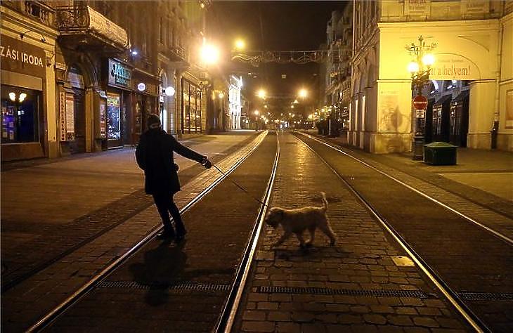 Továbbra is csak kutyával sétálhatunk éjjel: miskolci utcakép a kijárási tilalom idején 2020. november 14-én. (Fotó: MTI/Vajda János)