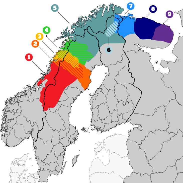 A számi nyelvek Skandináviában: 1. déli számi, 2. ume számi, 3. pite számi, 4. lule számi, 5. északi számi, 6. inari számi, 7. kolt számi, 8. kildin számi, 9. ter számi. A csíkos területek többnyelvűek vagy átfedésben vannak.
