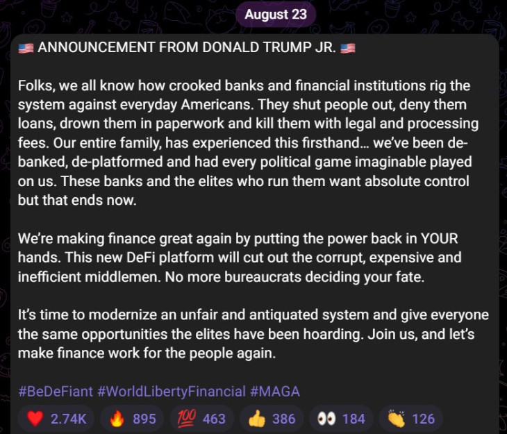 A Trump-család forradalmasítaná a decentralizált, blokklánc-alapú pénzügyeket. Forrás: World Liberty Financial's, Telegram