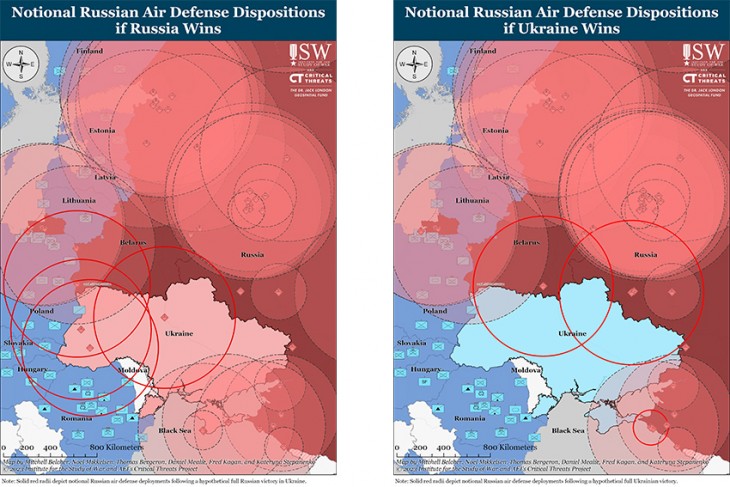 Az orosz légvédelmi erők várható pozíciói és hatótávolsága orosz, illetve ukrán győzelem esetén. Forrás: ISW