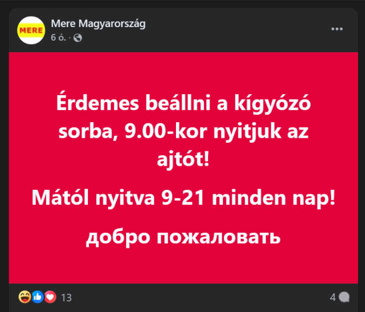 A Mere Magyarország oroszul üdvözli a vásárlóit a nyitás előtt
