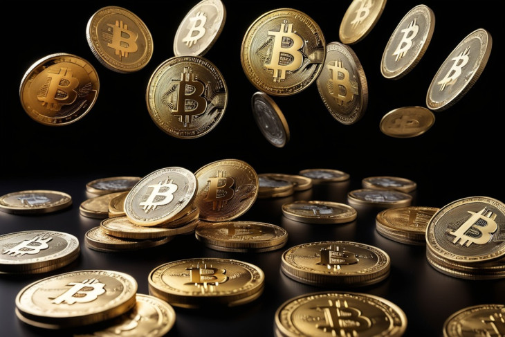 Eső bitcoin-érmék. Fantáziarajz.