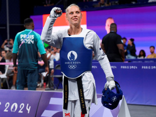 Márton Viviana a női tekvondósok 67 kilogrammos versenyének döntőjében a 2024-es párizsi nyári olimpián a Grand Palais kiállítócsarnokban 2024. augusztus 9-én. 
