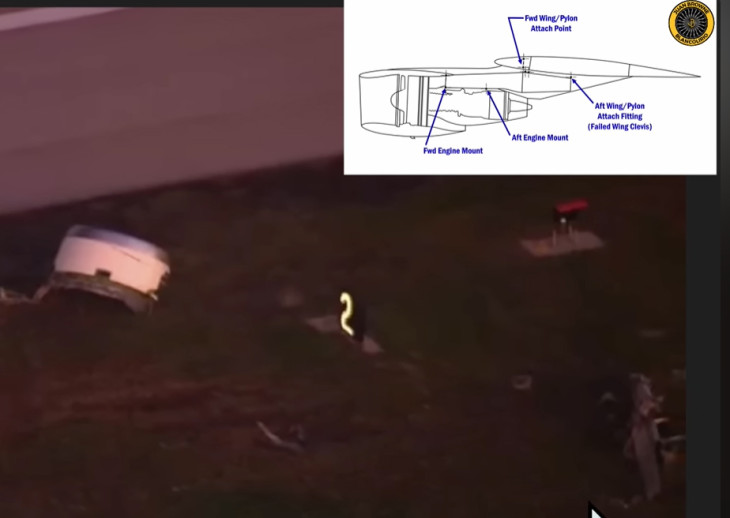 A hajtómű darabjai a futópálya mellett, a jobb alsó sarokban a tartópilon, amely szintén leszakadt a helyéről