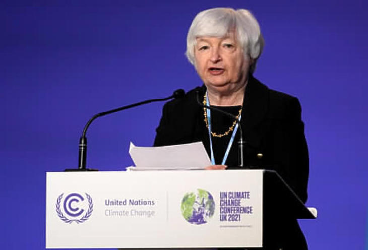 Janet Yellen amerikai pénzügyminiszter felszólal az ENSZ 26. klímakonferenciáján (COP26) Glasgow-ban 2021. november 3-án. (Fotó: MTI/AP/Alberto Pezzali)