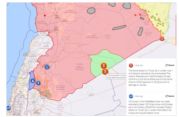 A két bázist vörös drón ikon jelöli. A piros a szíriai kormányerőket, a zöld a Szabad Szíriai Hadsereg által ellenőrzött területet mutatja. Forrás: Liveuamap Szíria