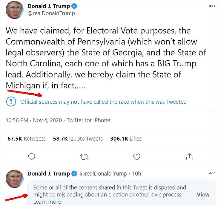 Ábra: Donald Trump egyes vitatott üzenetei a Twitter.com figyelmeztetéseivel ellátva
