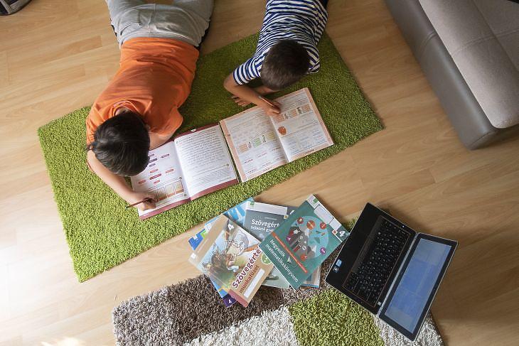 Egy negyedikes és egy elsős diák tanul otthonukban 2020. március 18-án. Fotó: MTI/Illyés Tibor