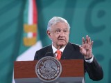 Andres Manuel Lopez Obrador, Mexikó elnöke egy sajtótájékoztatón a Nemzeti Palotában Mexikóvárosban 2021. június 3-án. EPA/Sashenka Gutierrez