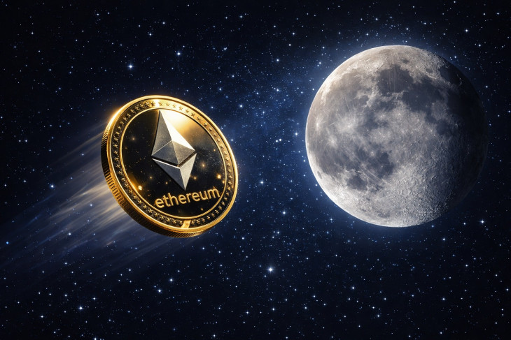 Ether emlékérme, amely a Holdba tart (ami a hatalmas áremelkedés szimbóluma). Az Ethereum-blokkláncnak stabil pozíciói vannak az RWA-szektorban. Illusztráció, forrás: ChatGPT.