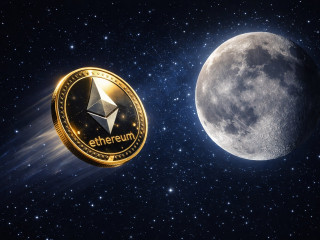 Ether emlékérme, amely a Holdba tart (ami a hatalmas áremelkedés szimbóluma). Az Ethereum-blokkláncnak stabil pozíciói vannak az RWA-szektorban. Illusztráció, forrás: ChatGPT.