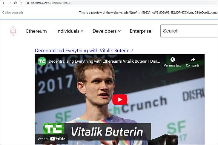 Az Ethereum.eth oldal. Az alapító szerint mindent decentralizálttá kell tenni. Mondja ezt a Youtube centralizált szerverén levő videón.