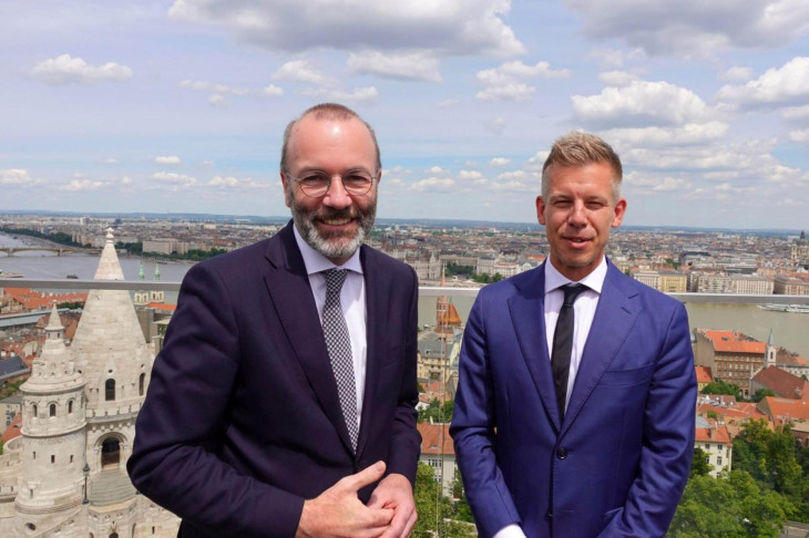 Manfred Weber,  az Európai Néppárt elnöke és Magyar Péter, a Tisza Párt alelnöke 2024. június 14-én Budapesten 