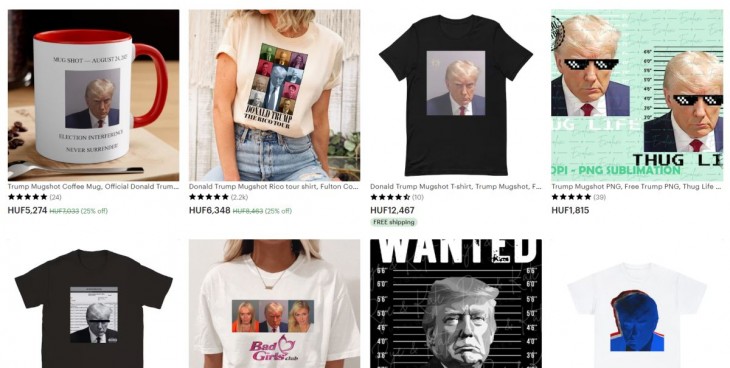 Van választék - Trump letartóztatási fotójával ellátott termékek az Etsy felületén. 