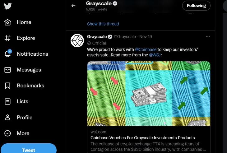 A Grayscale twitter-üzenete a Coinbase általi letétkezelésről. Bizonyítékok helyett egy újságcikket idéz. Forrás: Twitter.com