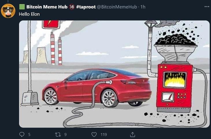 Bitcoin-mém a Twitteren. Amikor egy Tesla széntüzelésű erőműből jövő áramot tankol.