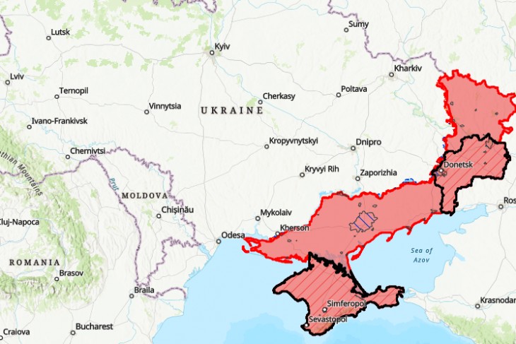 Frontvonalak Ukrajnában 2023. november 30-án. A pirossal jelölt rész az Oroszország által 2022 februárja óta elfoglalt terület. Fotó: Institute for the Study of War (printscreen)  