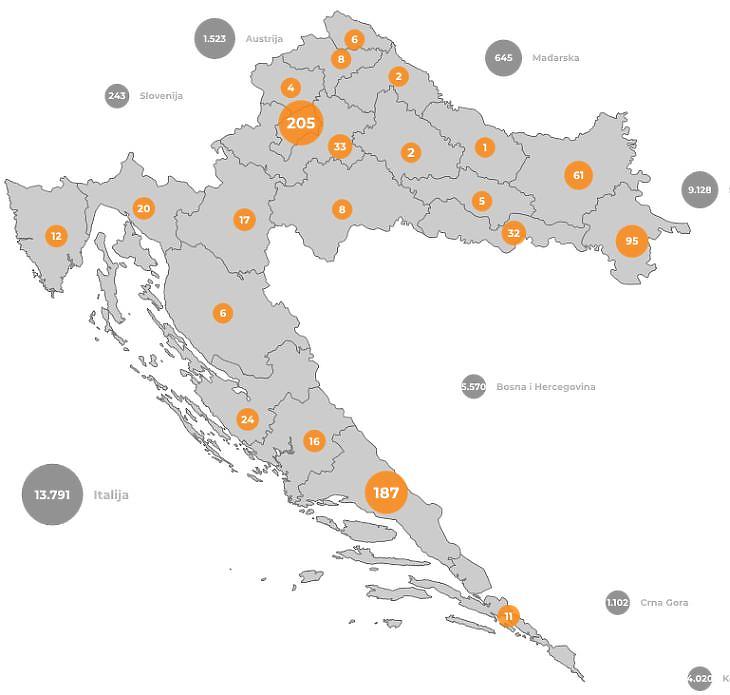 Aktív koronavírus-fertőzöttek száma Horvátországban régiónként, 2020 augusztus 13. (Forrás: koronavirus.hr) 