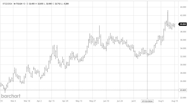 Az európai gázár alakulása a TTF holland gáztőzsdén. Forrás: Barchart