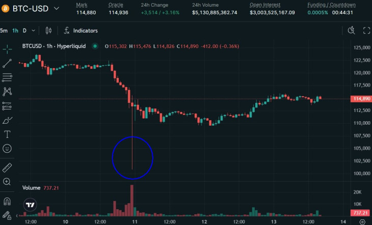 A bitcoin árfolyama a Hyperliquid rendszerén, ahol 100 900 körül volt a mélypont (a kék körrel megjelölve). Forrás: Hyperliquid.xyz