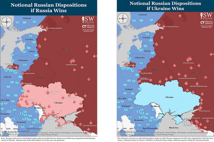 Az orosz szárazföldi erők várható felállása orosz, illetve ukrán győzelem esetén. Forrás: ISW