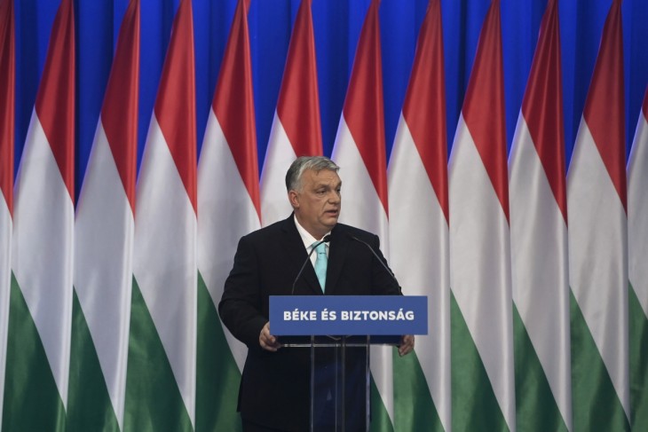 Orbán Viktor miniszterelnök Béke és biztonság jelszó mögött tartott korábban évértékelőt. Fotó: MTI/Koszticsák Szilárd