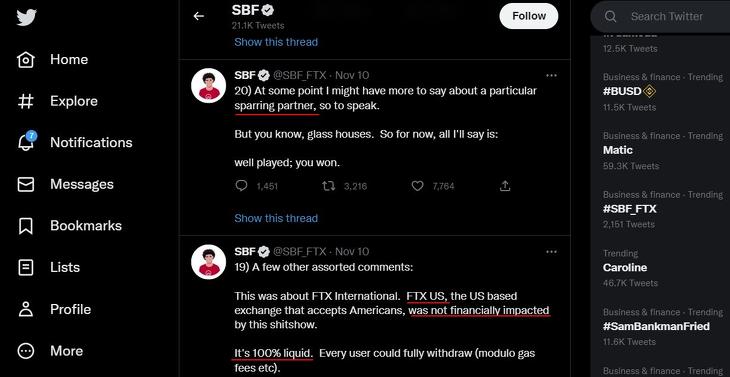 Sam Bankman-Fried Twitter-üzenete, amelyben homályosan a Binance felelősségére is utal és az FTX US vagyonának meglétéről ír. Forrás: Twitter