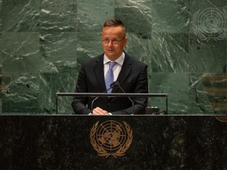 Szijjártó Péter az ENSZ-ben 2022. április 27-én. Fotó: KKM/MTI