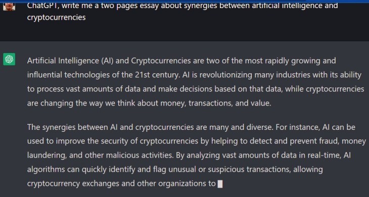 A ChatGPT írni kezd a mesterséges intelligencia és a kriptovaluták közötti szinergiákról. Forrás: OpenAI, ChatGPT.