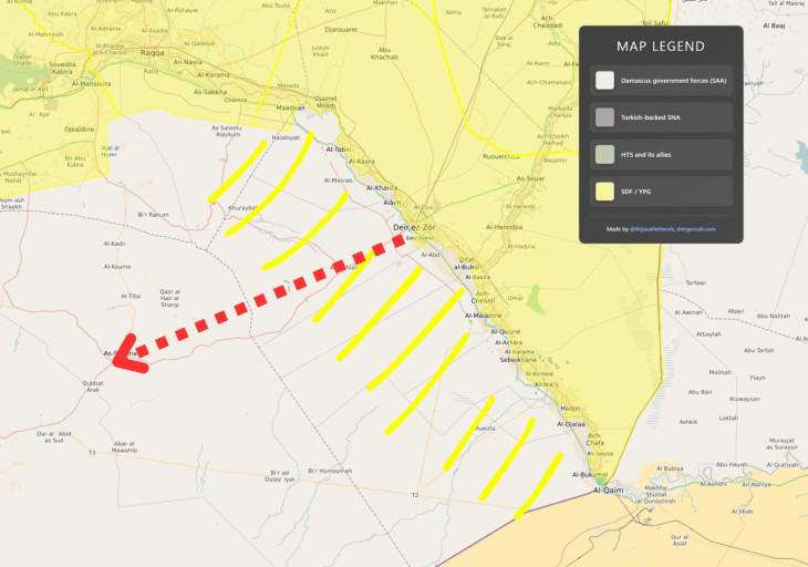 A sárgával jelölt SDF Deir el-Zor városánál tör nyugatra