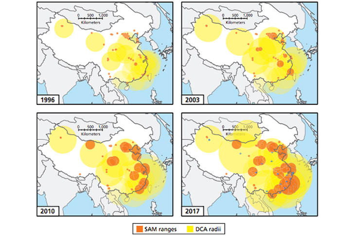 Kínai légvédelmi radarok és légvédelmi rakétaállások hatósugara. Térkép: foreignbrief.com