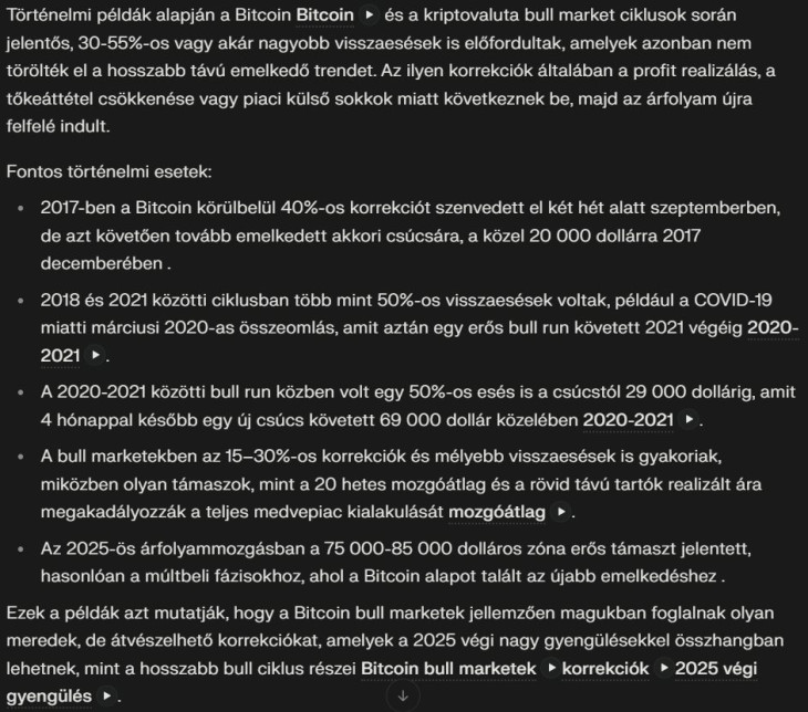 Milyen példák vannak arra, hogy egy hasonló esés után is folytatódott a bikapiac? A Perplexity AI gyűjtése. (Bull market: Bikapiac, tartós emelkedő trend.) 