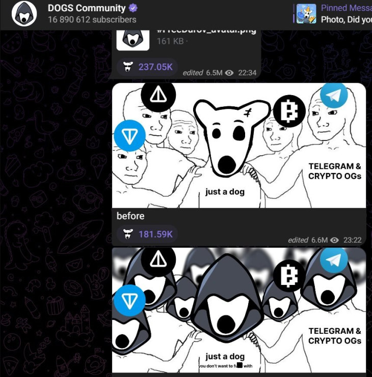 “DOGS” mém a projekt Telegram-közösségének csatornájáról.
