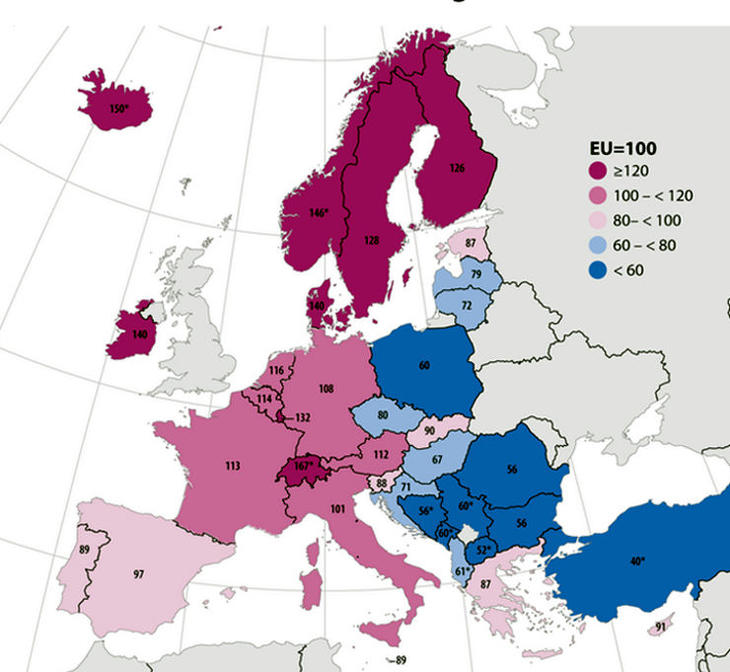 A fogyasztási javak és szolgáltatások árszintje Európában, 2021 (Százalékban, EU átlag=100) Forrás: Eurostat