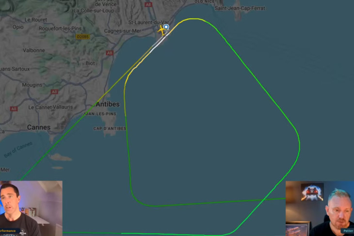 A Nouvelair Tuniszból érkező gépének útvonala az átstartolással és a második, sikeres leszállási kísérlettel. Cannes-t és Cap d'Antibes-t akarták velül elkerültetni?